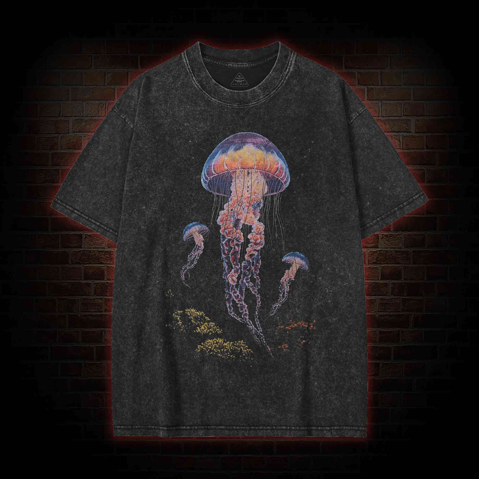 Vintage Jellyfish Dark Ocean Grunge Washed T-shirt