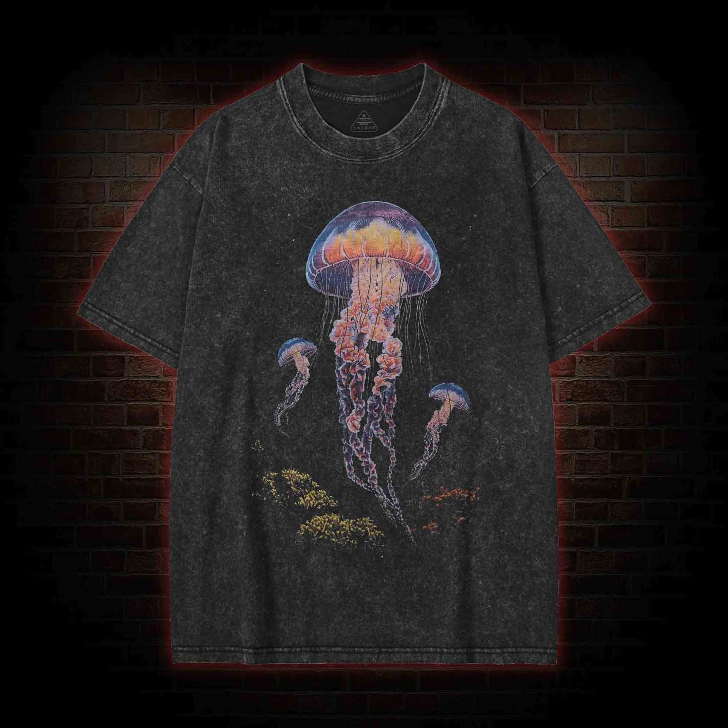 Vintage Jellyfish Dark Ocean Grunge Washed T-shirt