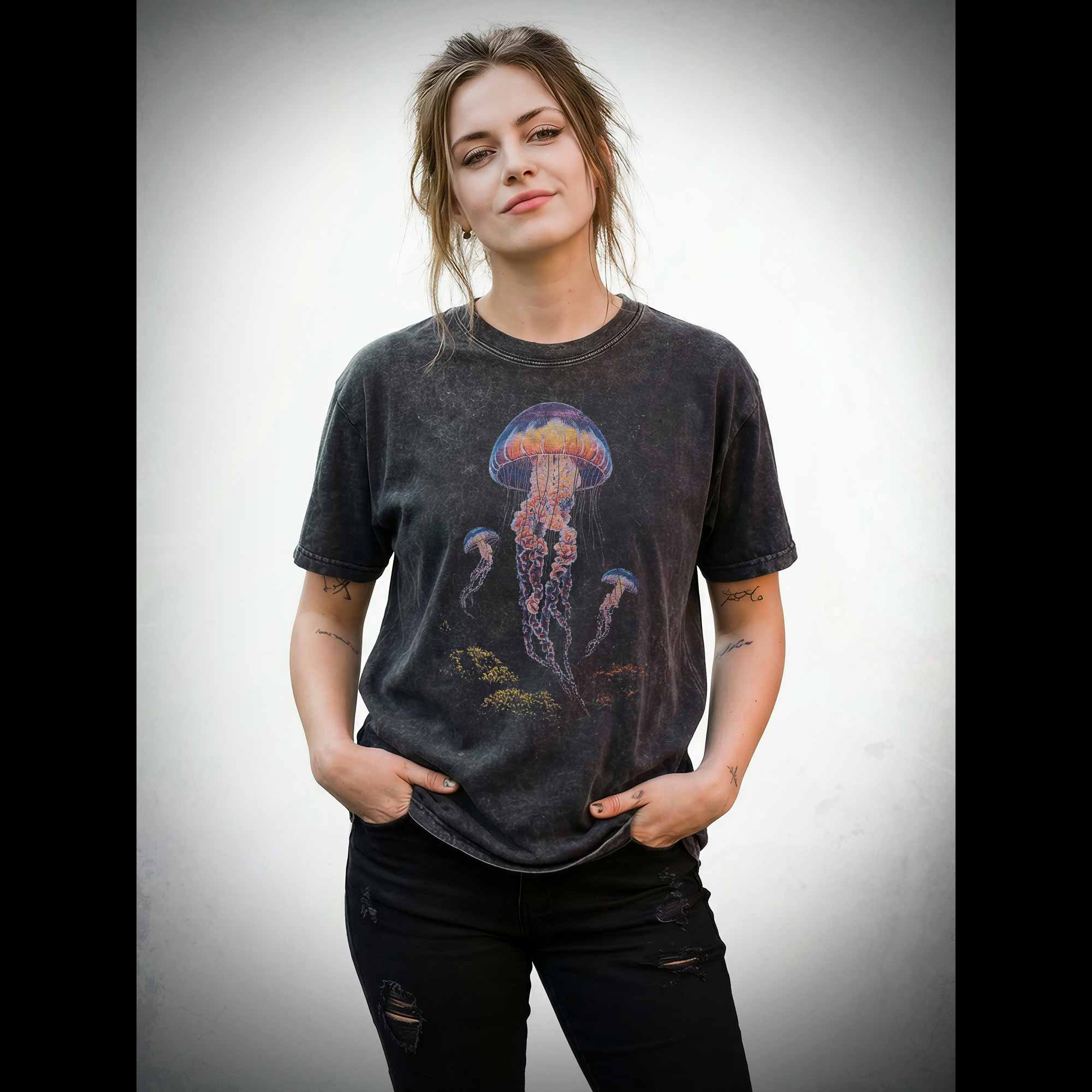 Vintage Jellyfish Dark Ocean Grunge Washed T-shirt