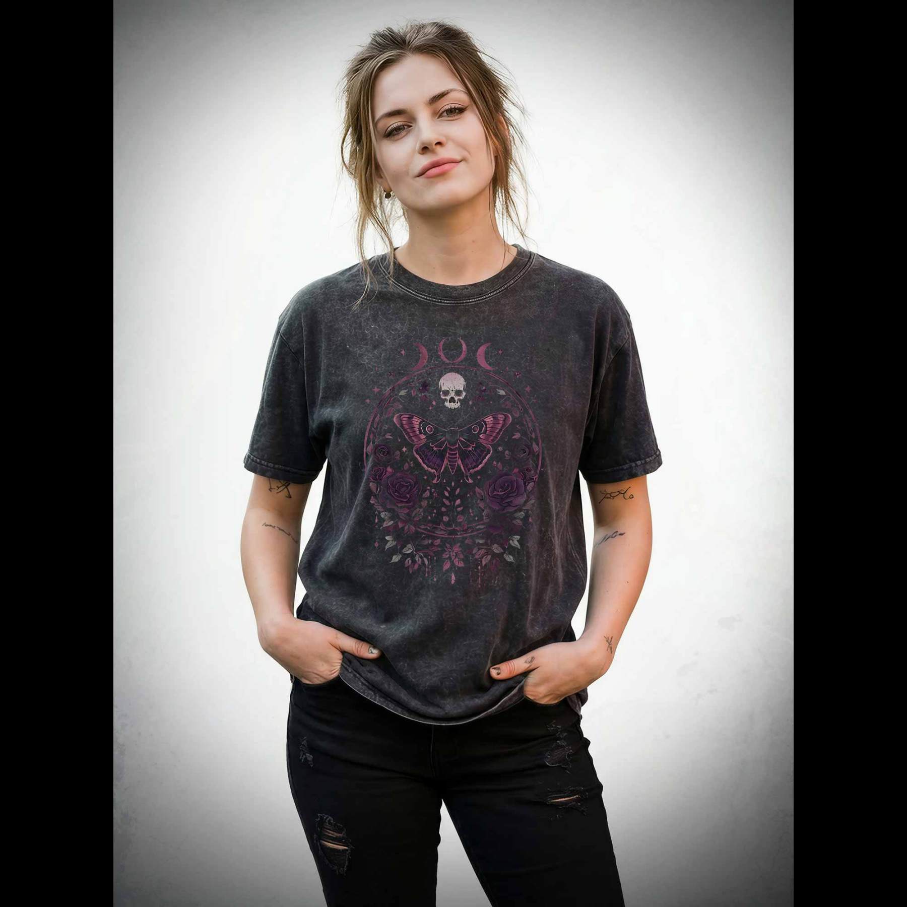 Floral Goth Moth Washed T-shirt