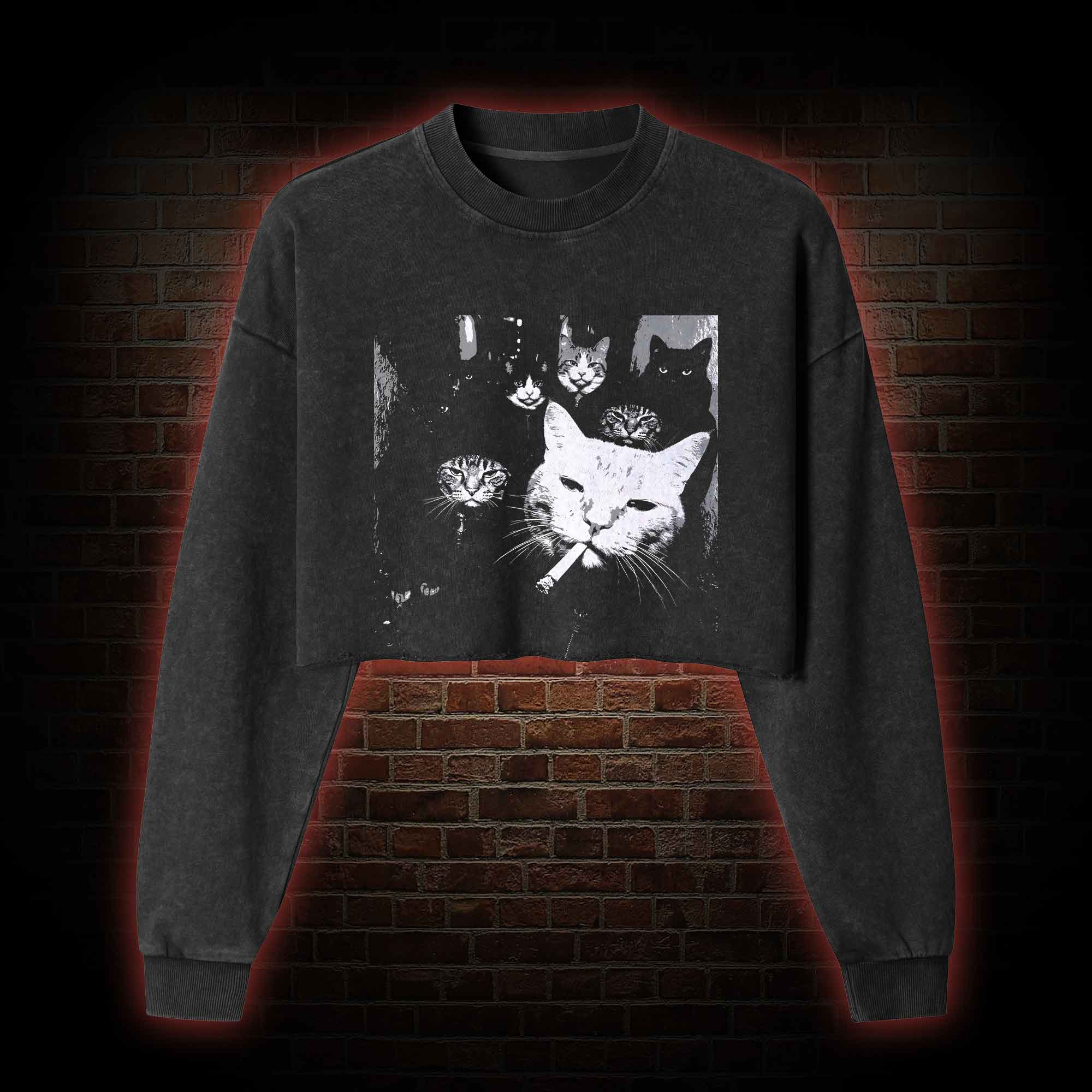 Gangster Cat Washed Cropped Sweatshirts