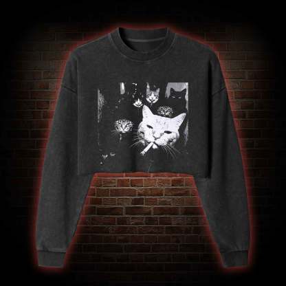 Gangster Cat Washed Cropped Sweatshirts