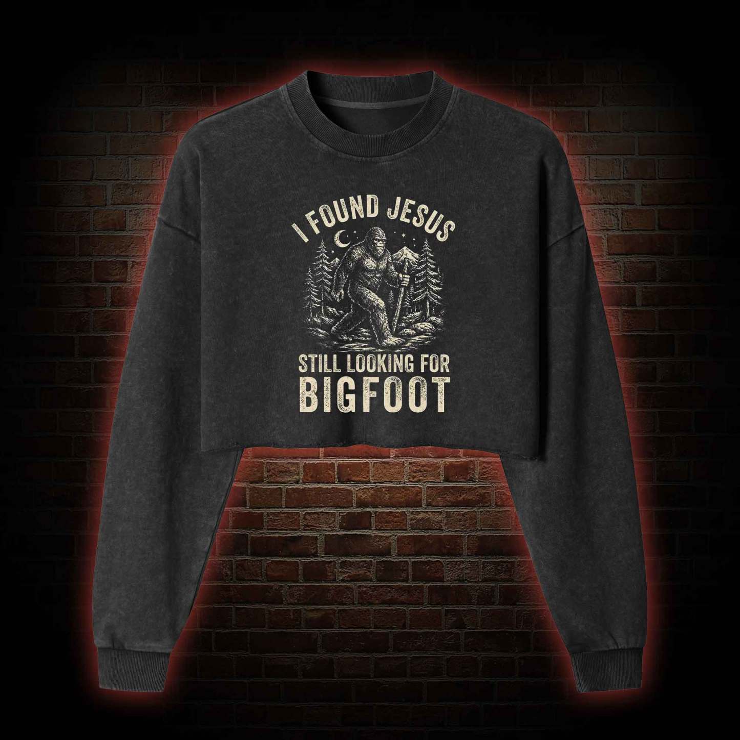 I Found Jesus Still Looking for Bigfoot Washed Cropped Sweatshirts