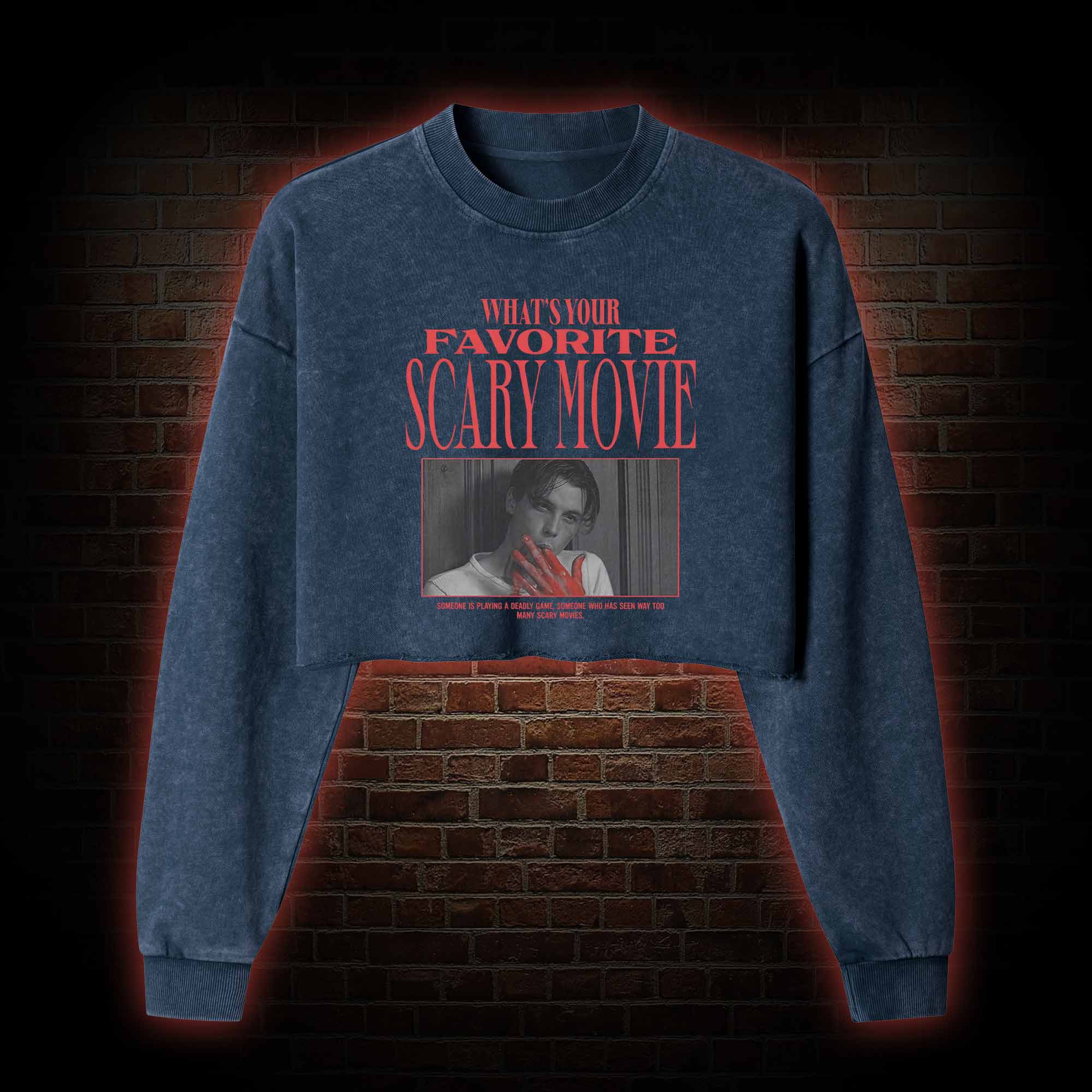 What's Your Favorite Scary Movie Washed Cropped Sweatshirts