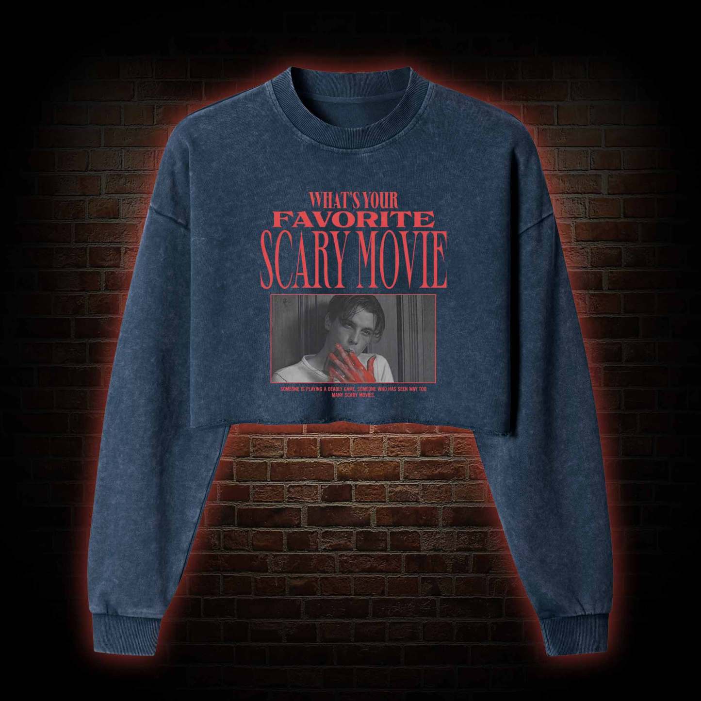 What's Your Favorite Scary Movie Washed Cropped Sweatshirts