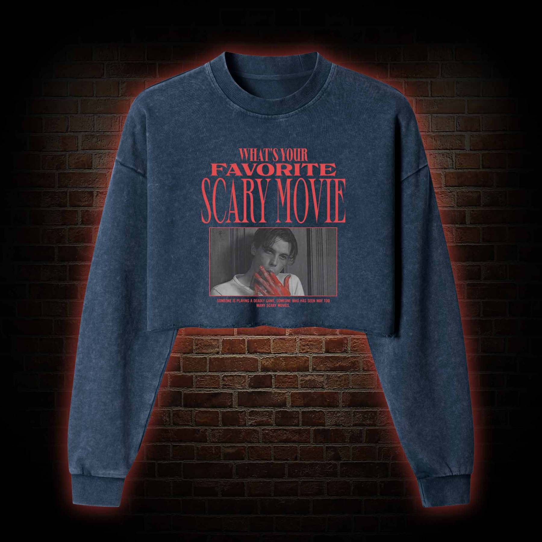 What's Your Favorite Scary Movie Washed Cropped Sweatshirts