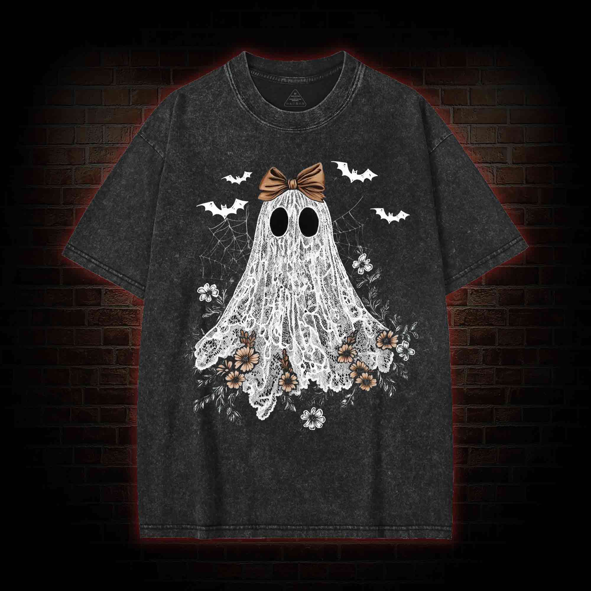 Floral Cute Halloween Ghost Washed T-shirt