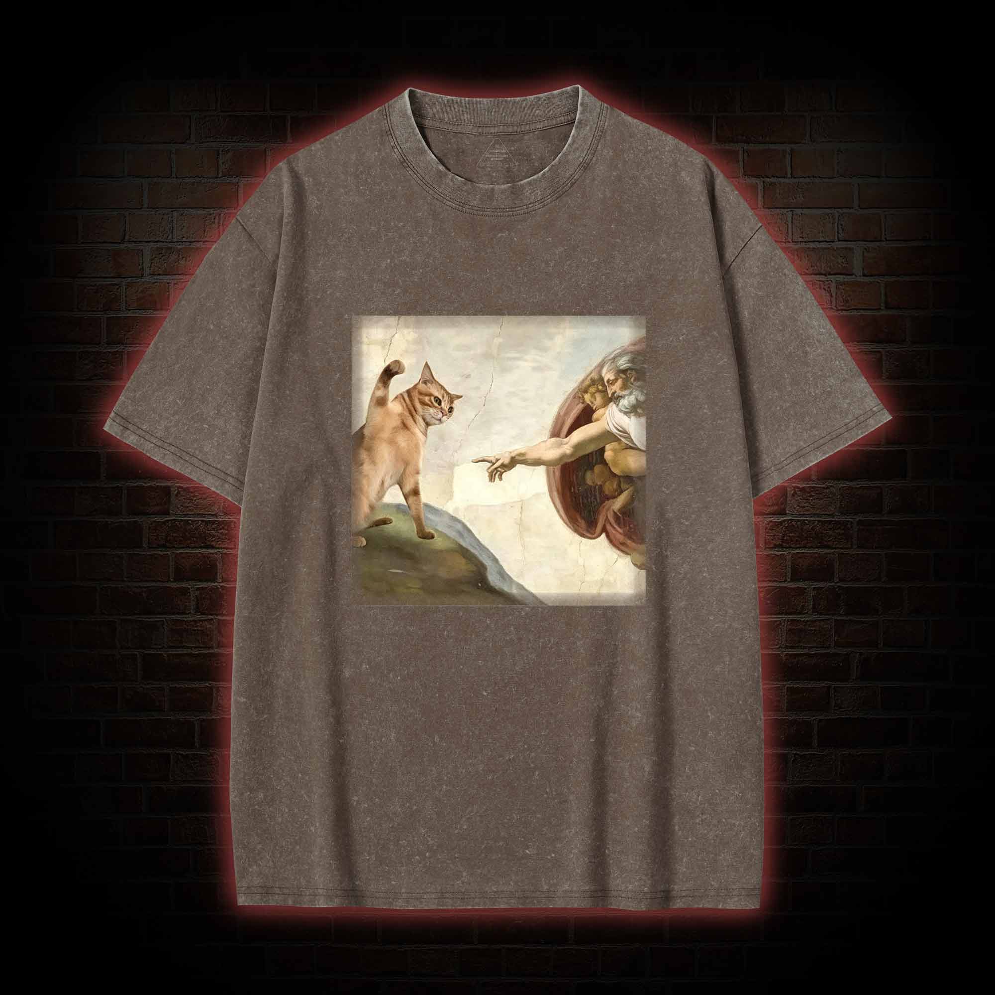 Cat God Creation of Adam Washed T-shirt