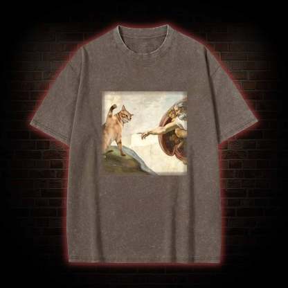 Cat God Creation of Adam Washed T-shirt