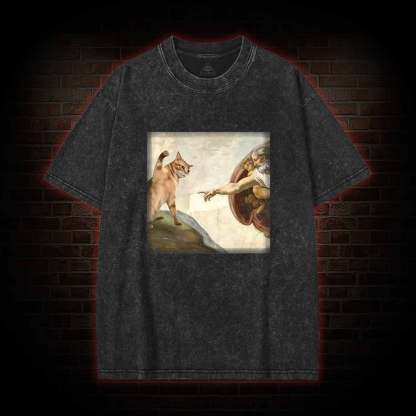 Cat God Creation of Adam Washed T-shirt