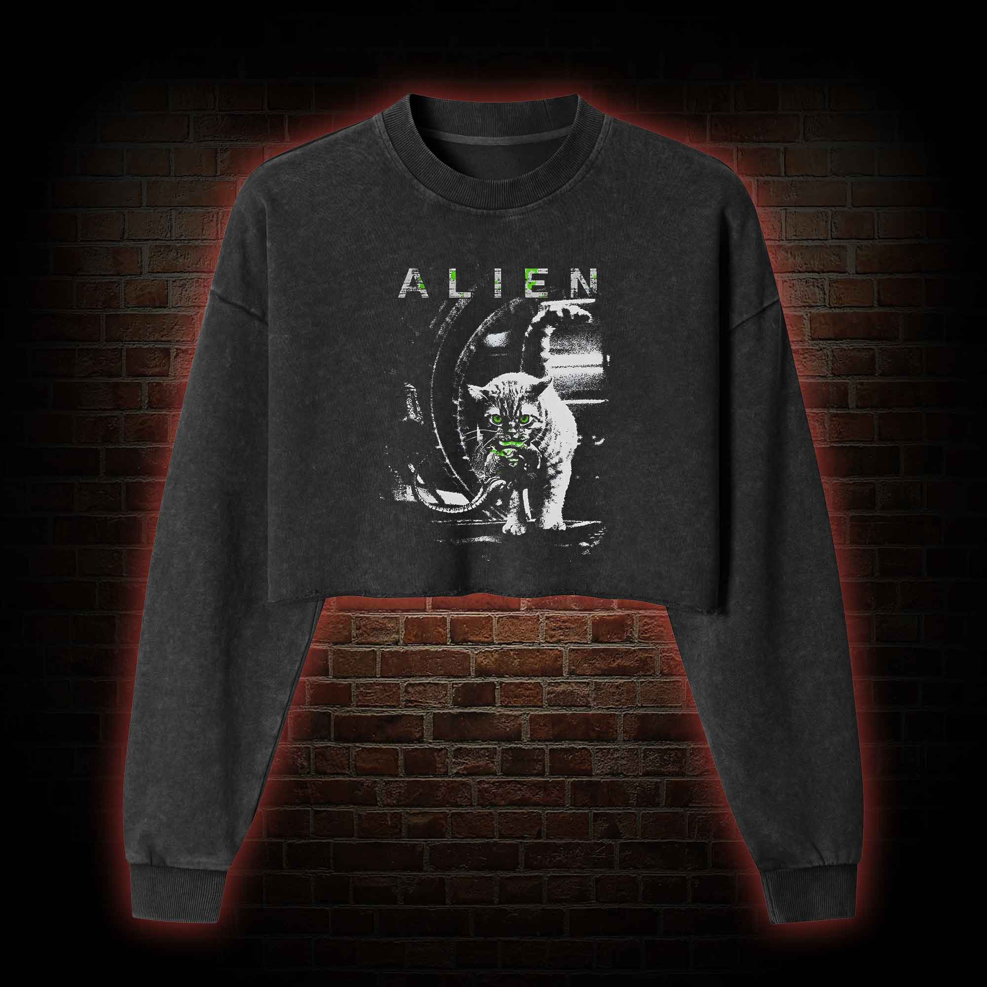 Alien Cat Washed Cropped Sweatshirts