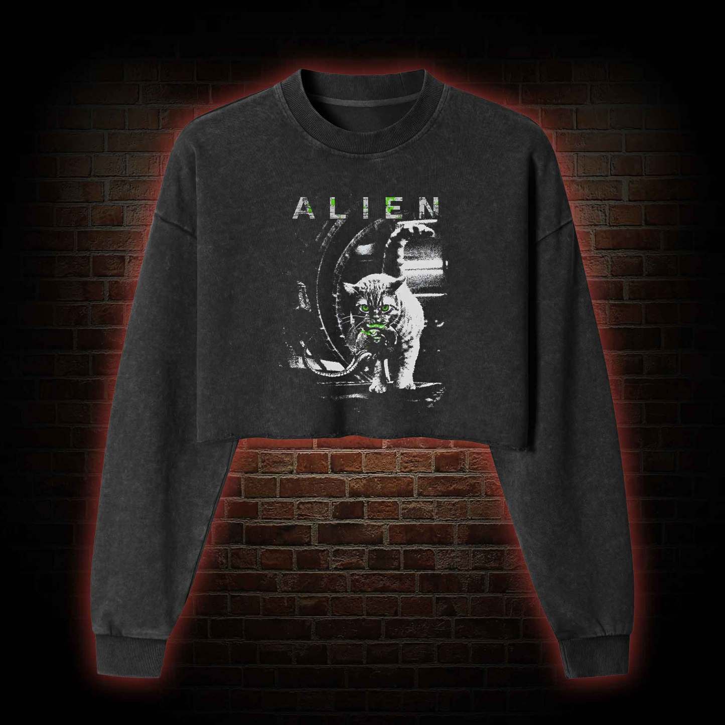 Alien Cat Washed Cropped Sweatshirts