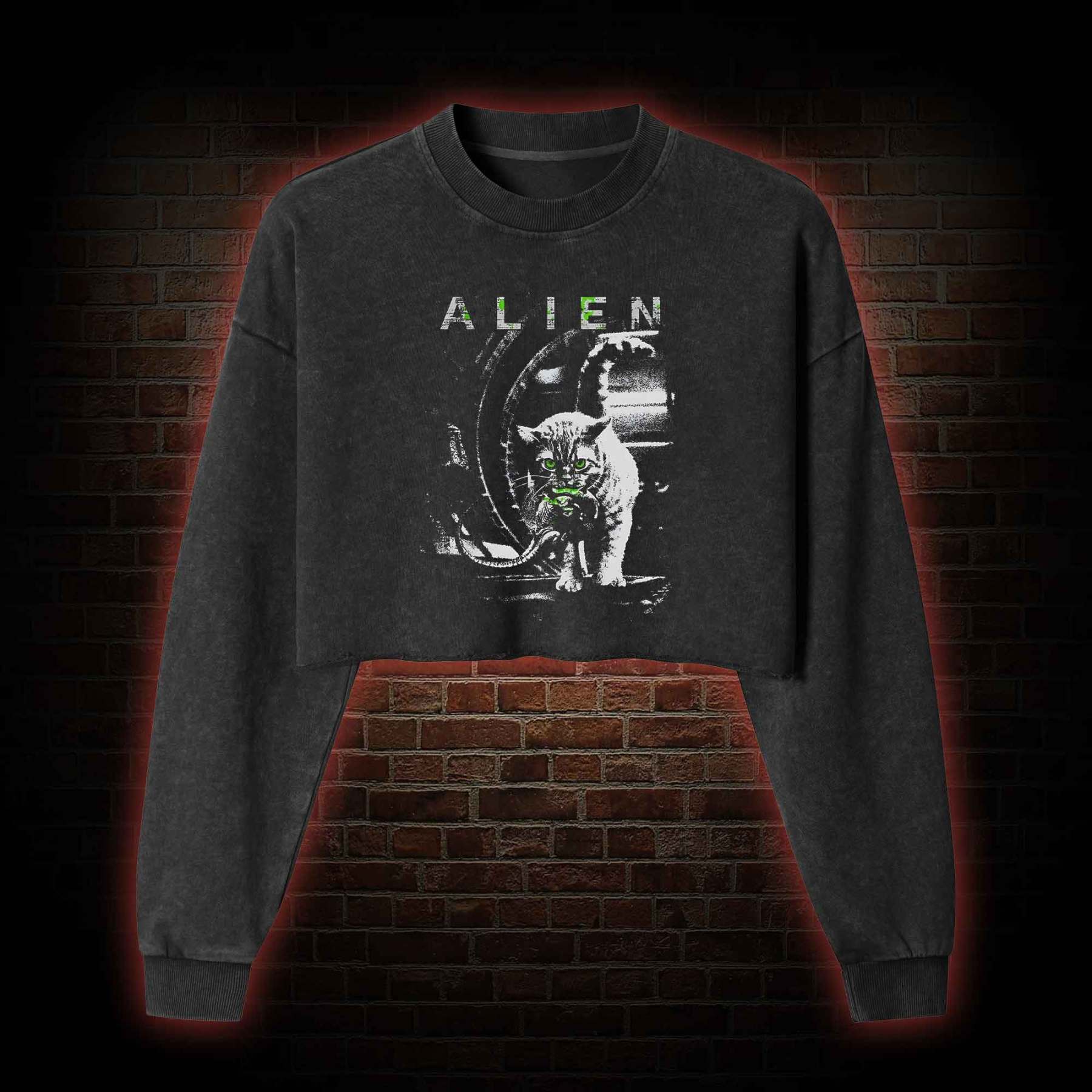 Alien Cat Washed Cropped Sweatshirts