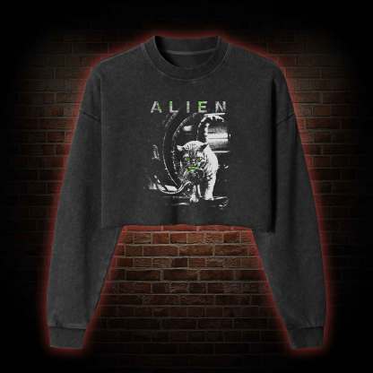 Alien Cat Washed Cropped Sweatshirts