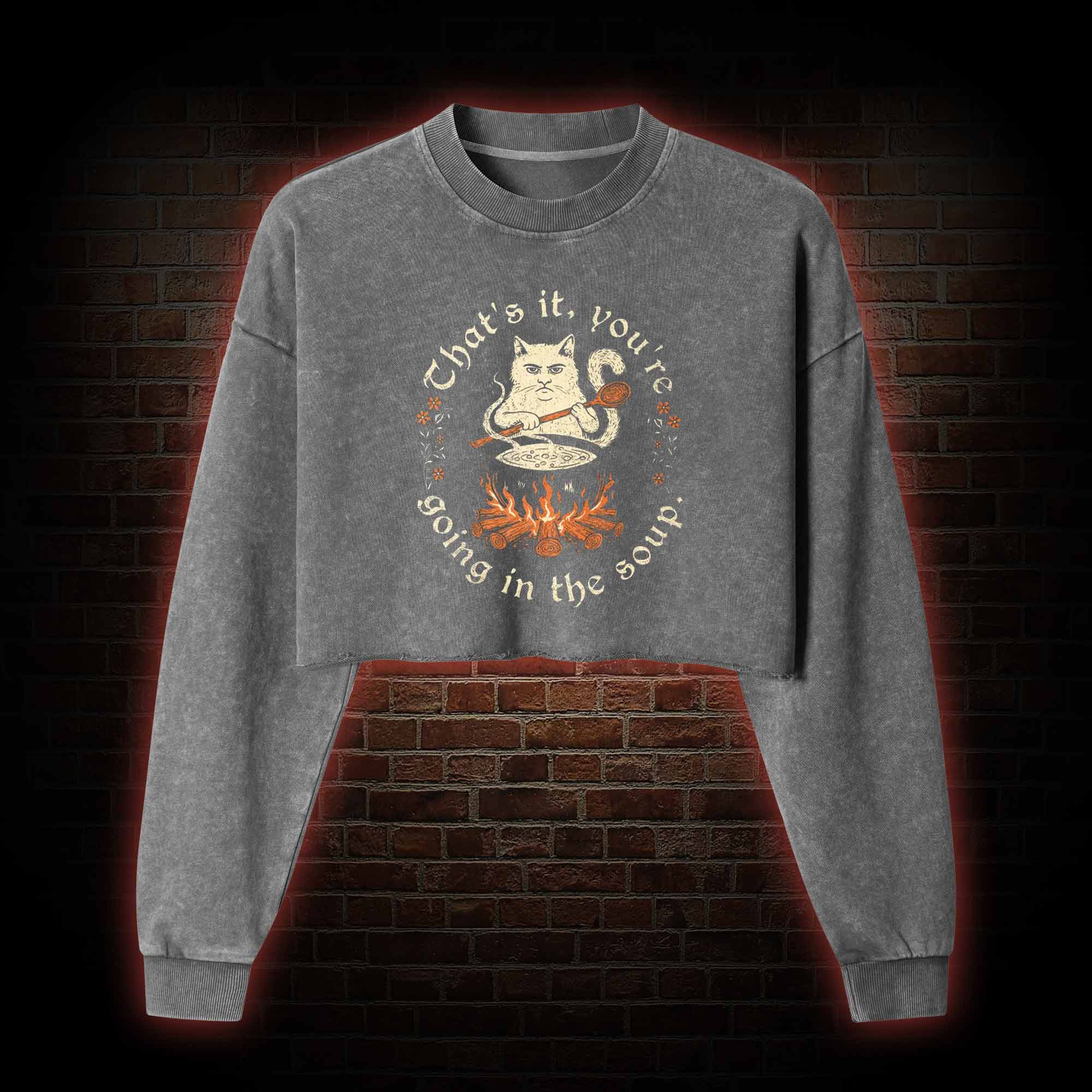 Weird Medieval Cat Washed Cropped Sweatshirts