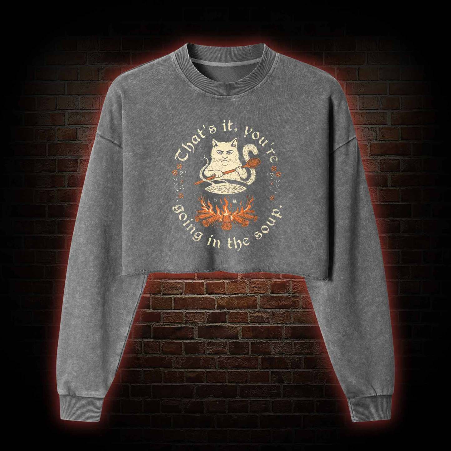 Weird Medieval Cat Washed Cropped Sweatshirts