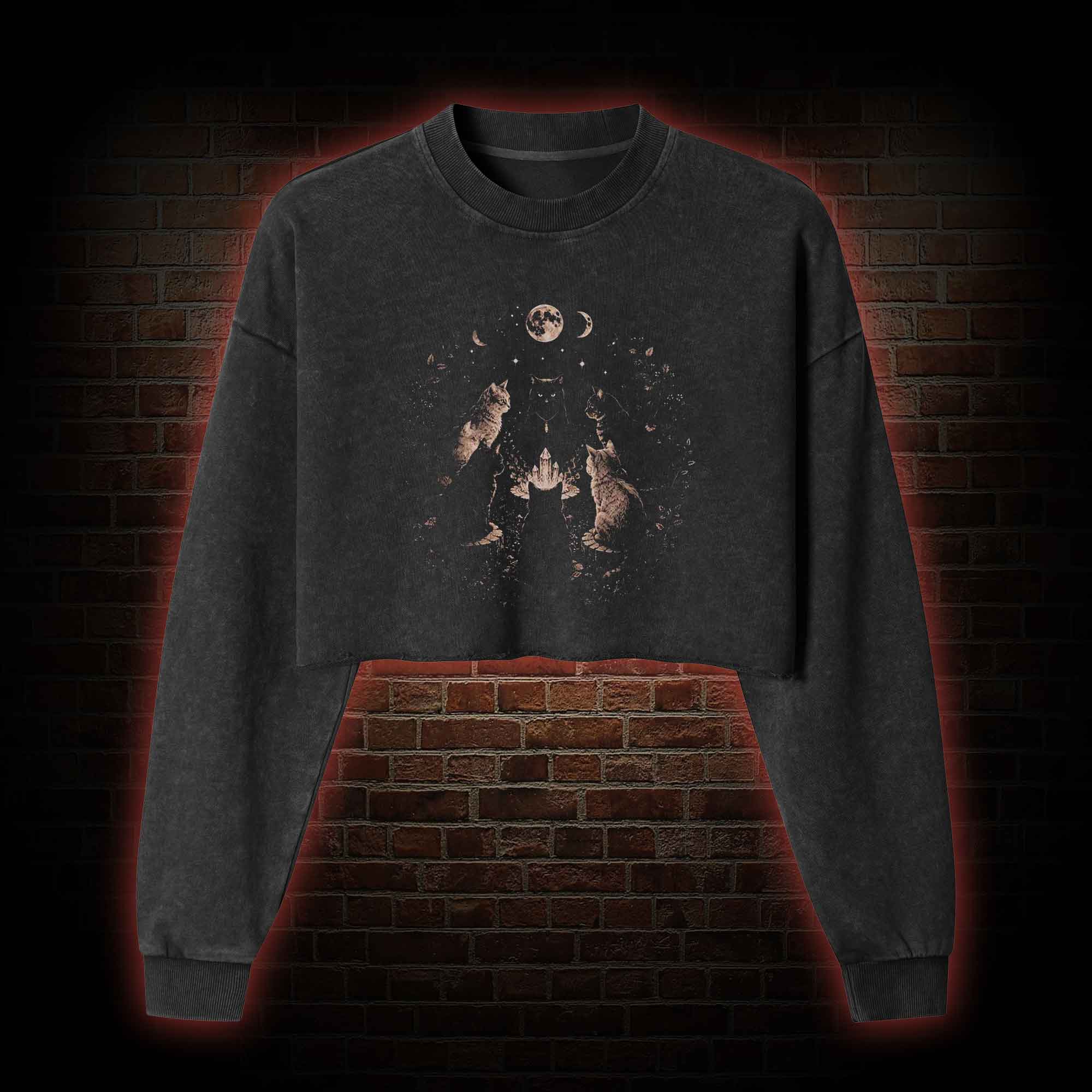 Cat Coven Meeting Washed Cropped Sweatshirts