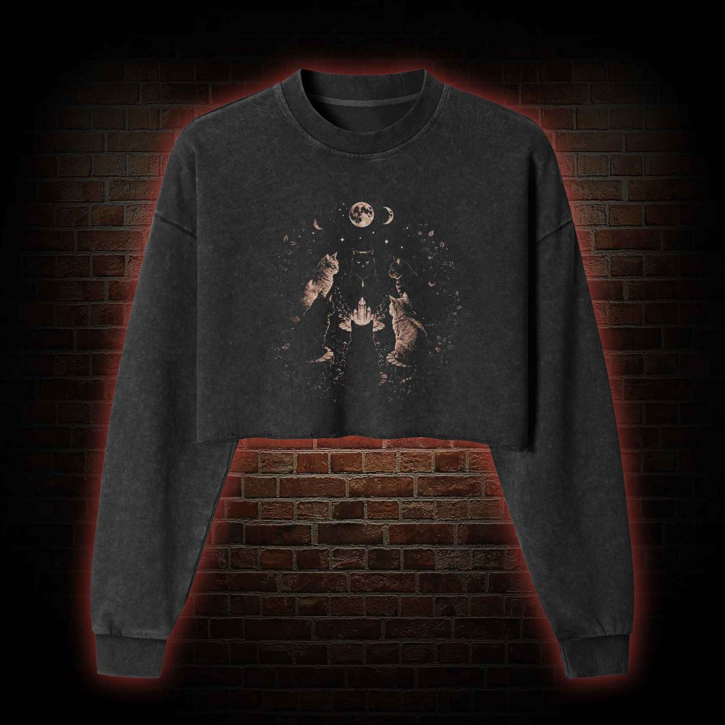 Cat Coven Meeting Washed Cropped Sweatshirts