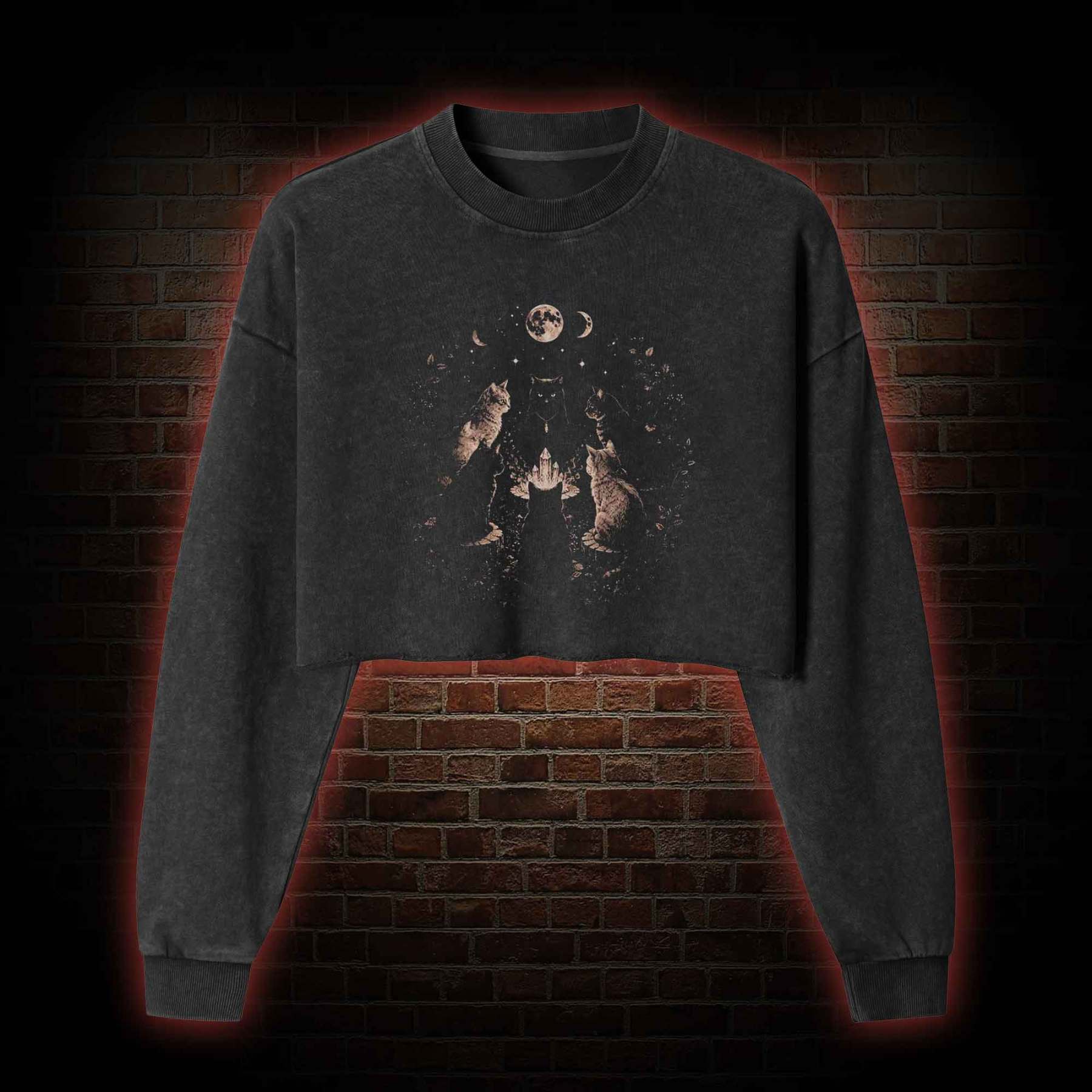 Cat Coven Meeting Washed Cropped Sweatshirts