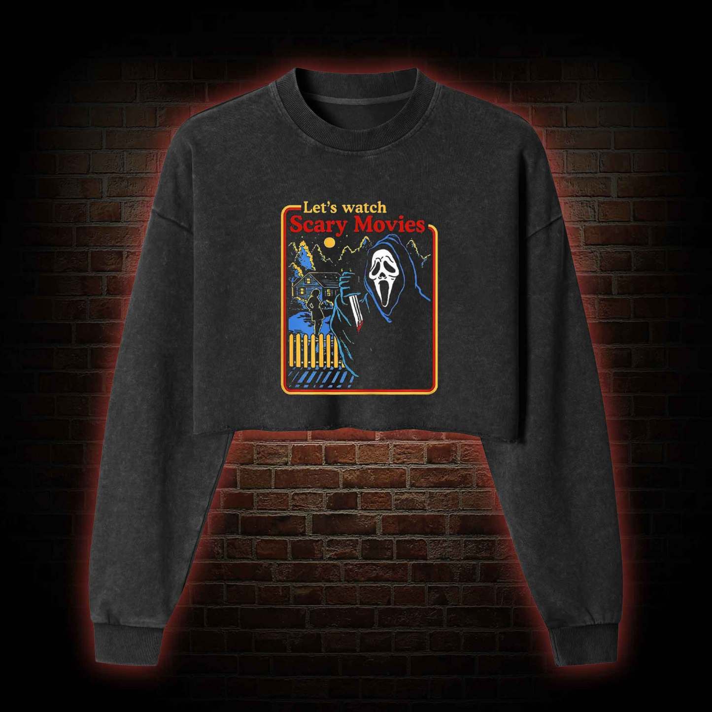 Let's Watch Scary Washed Cropped Sweatshirts