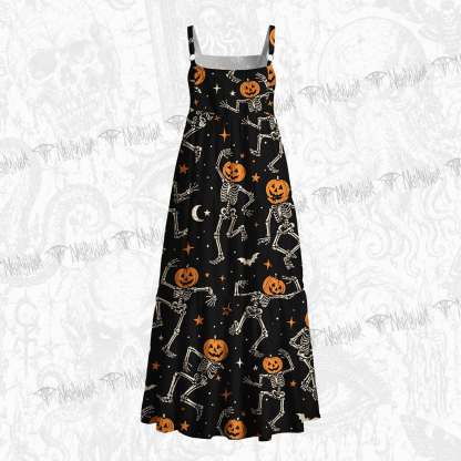 Dancing Pumpkin Skeleton Wide Straps Maxi Dress