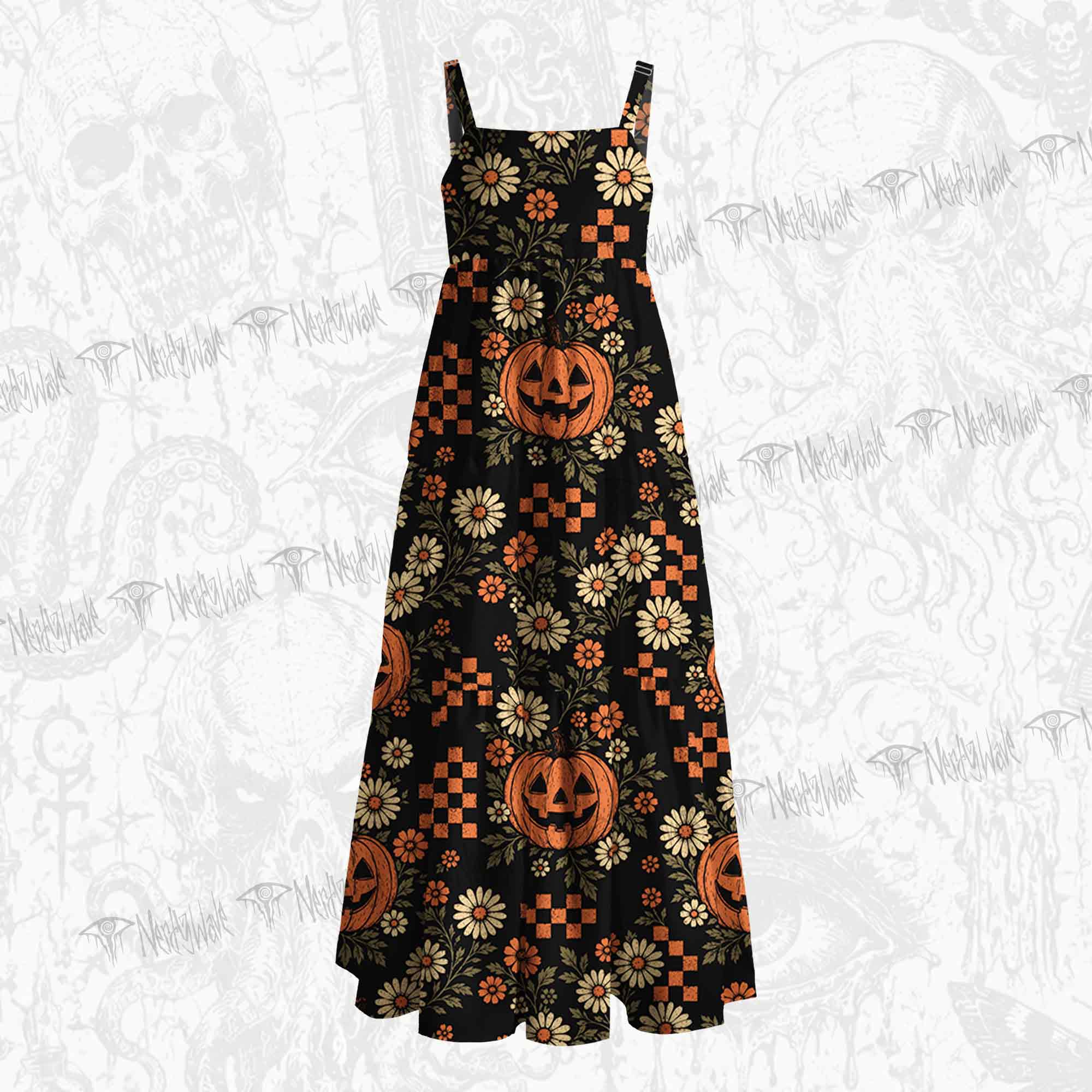 Retro Floral Pumpkin Wide Straps Maxi Dress