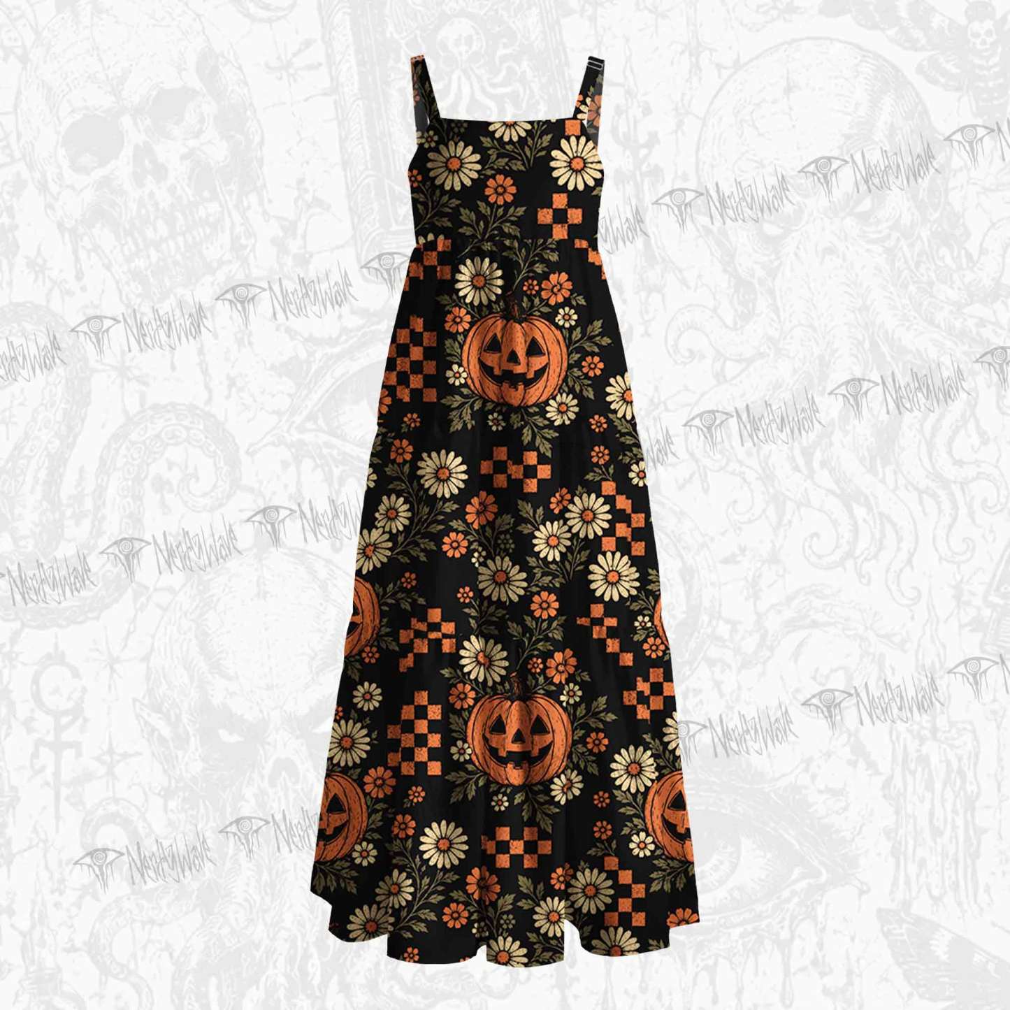 Retro Floral Pumpkin Wide Straps Maxi Dress