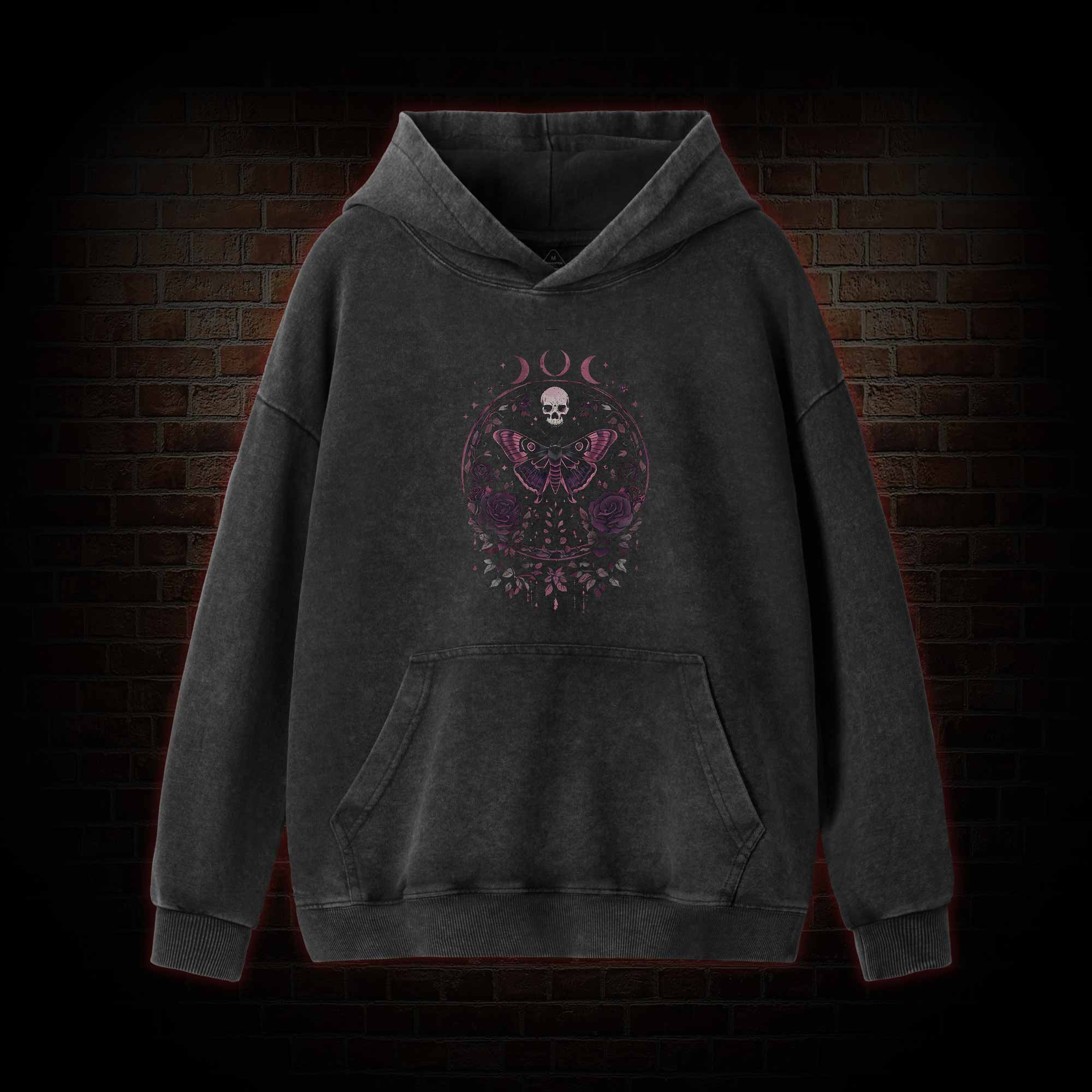 Floral Goth Moth Washed Hoodie