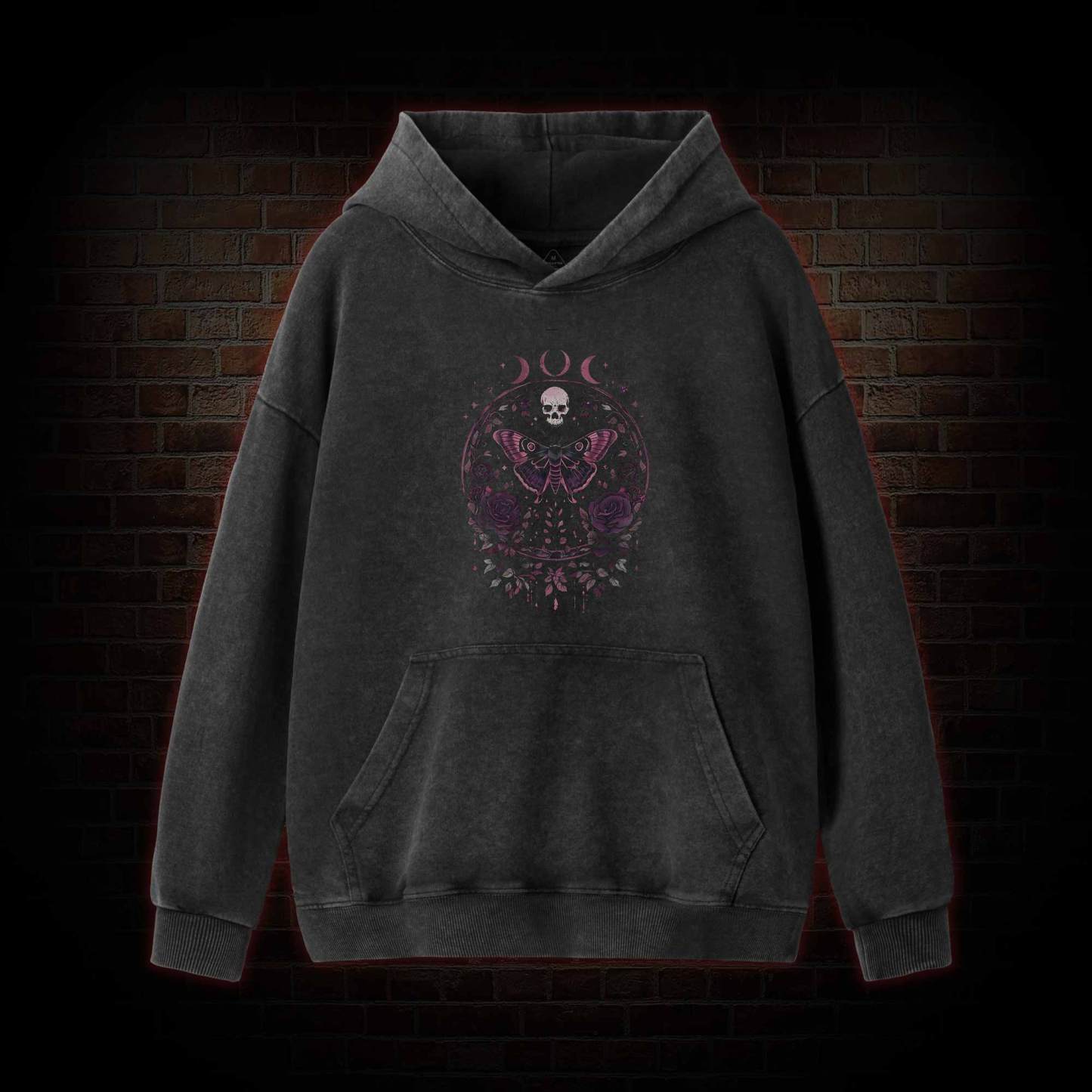 Floral Goth Moth Washed Hoodie