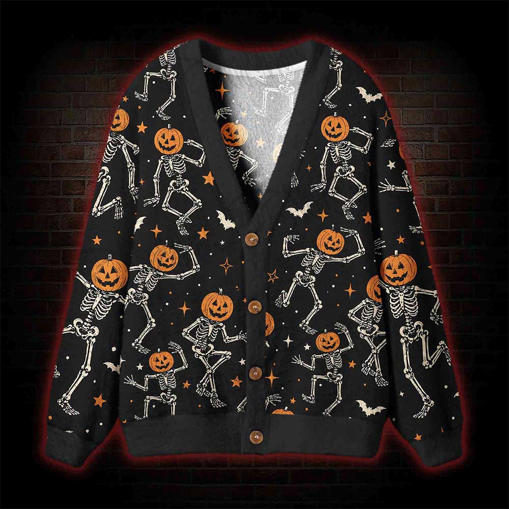 Dancing Pumpkin Skeleton Cardigan Sweater