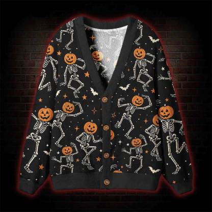 Dancing Pumpkin Skeleton Cardigan Sweater