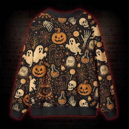Spooky Ghost Black Cat Cardigan Sweater
