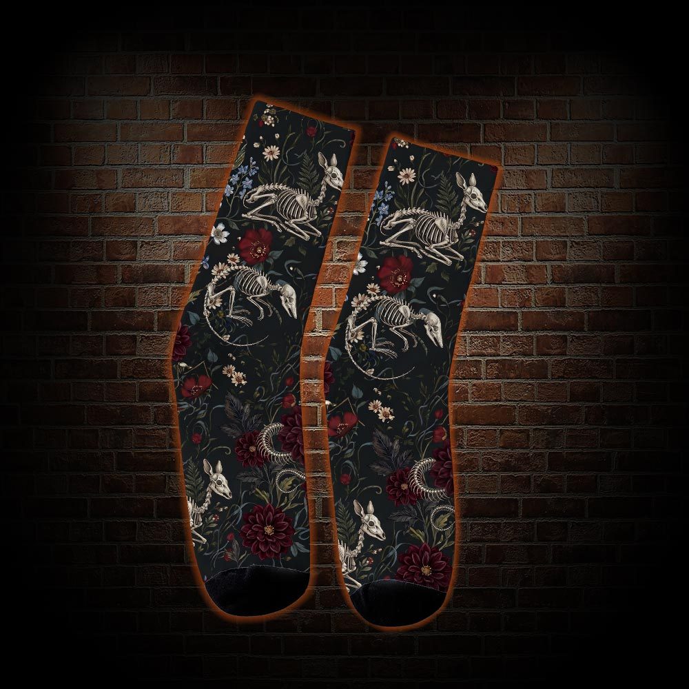 Animal Skeletons and Red Flowers Socks