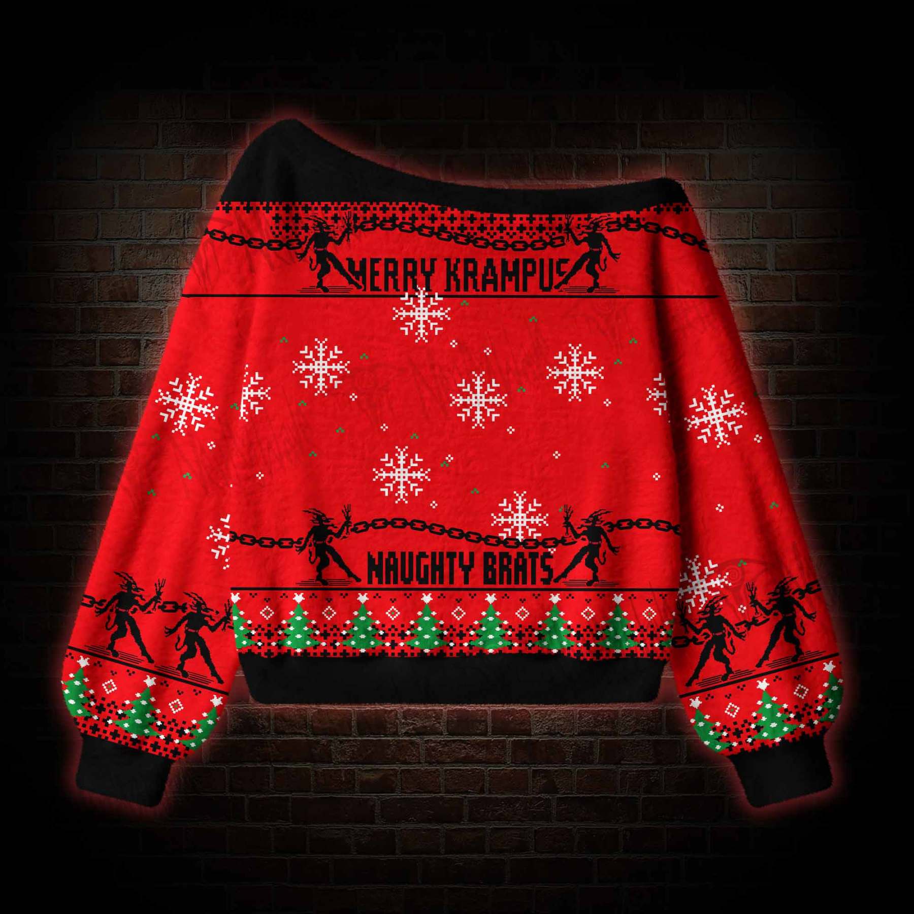 Merry Krampus Naughty Brats Off Shoulder Ugly Sweater