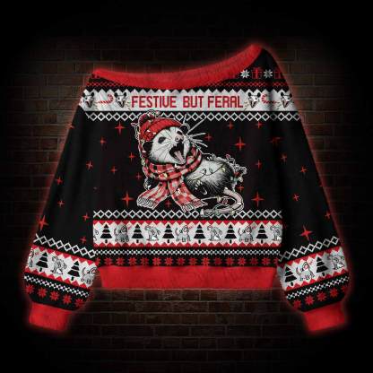 Festive But Feral Off Shoulder Ugly Sweater
