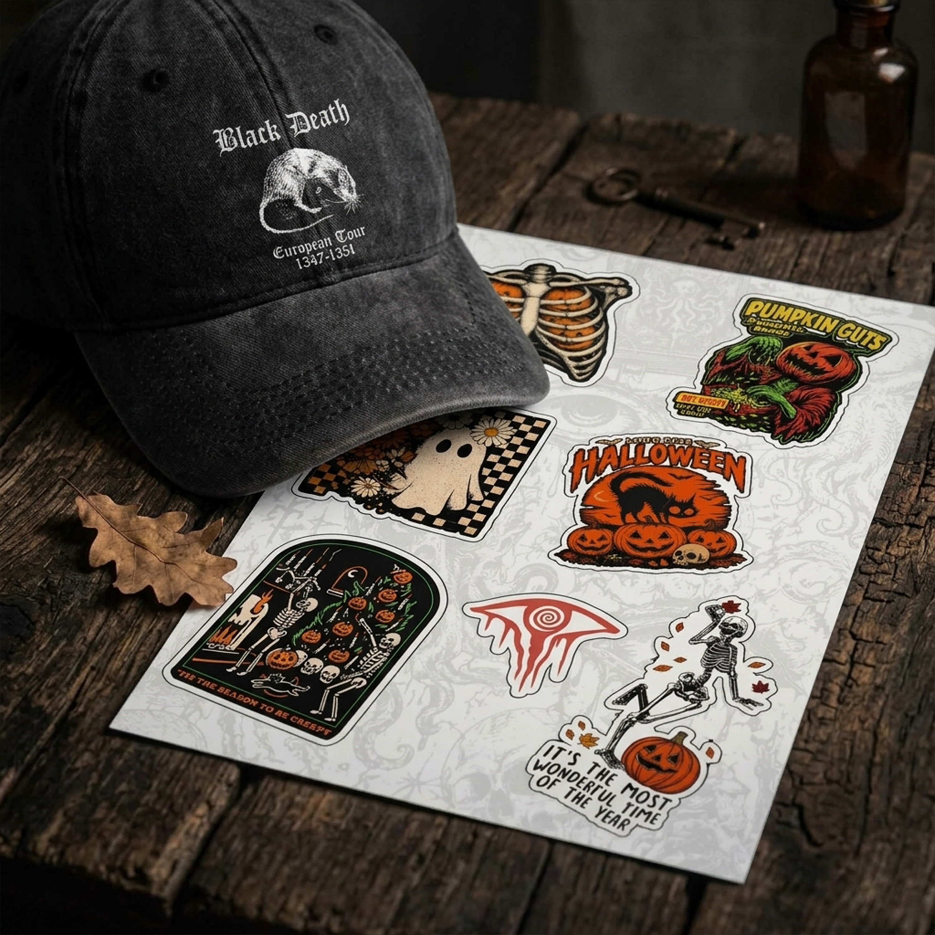 Black Death Washed Vintage Baseball Cap& Halloween Sticker(A5 Hole Page)