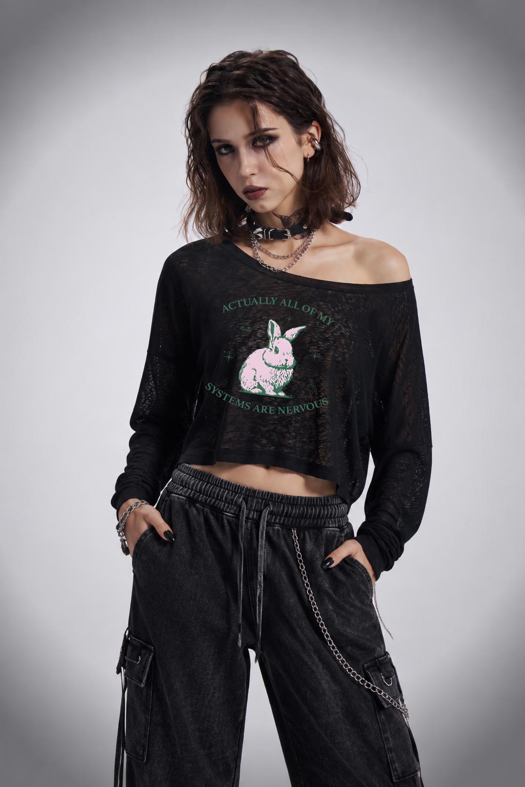 Actually All of My Systems are Nervous Lightweight Off Shoulder Cropped Long-sleeved Top