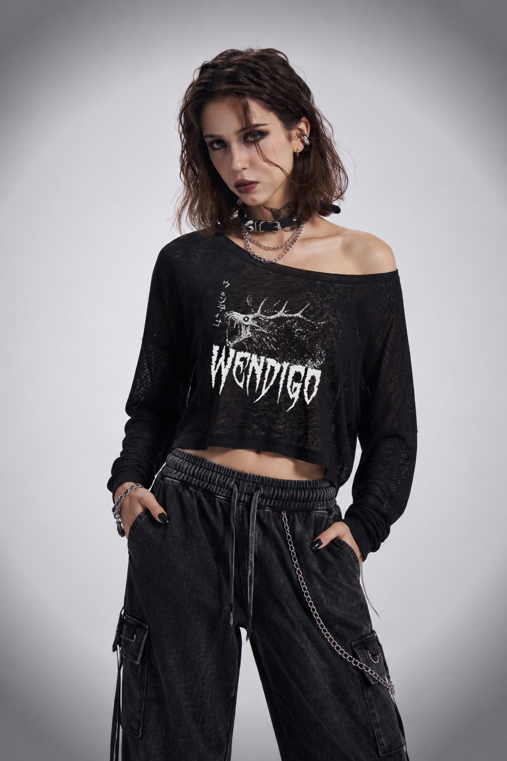 Wendigo Scary Monster Off Shoulder Long Sleeve Top