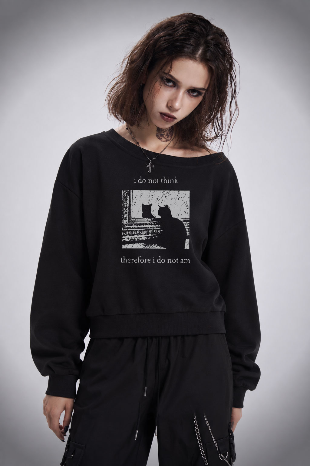 I Do Not Think Therefore I Do Not Am Off Shoulder Sweatshirt