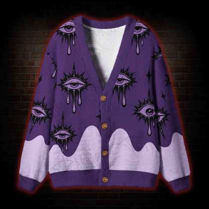 Gothic Crying Eye Purple Cardigan Sweater