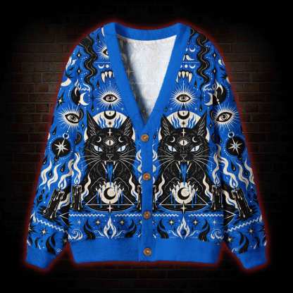 Gothic Celestial Black Cat Cardigan Sweater