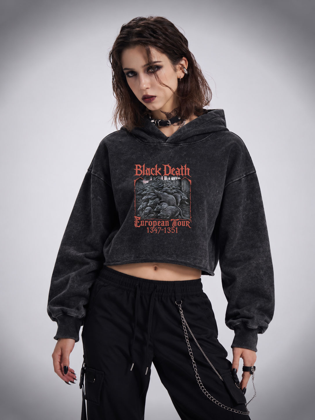 Vintage Black Death European Tour Washed Cropped Hoodie