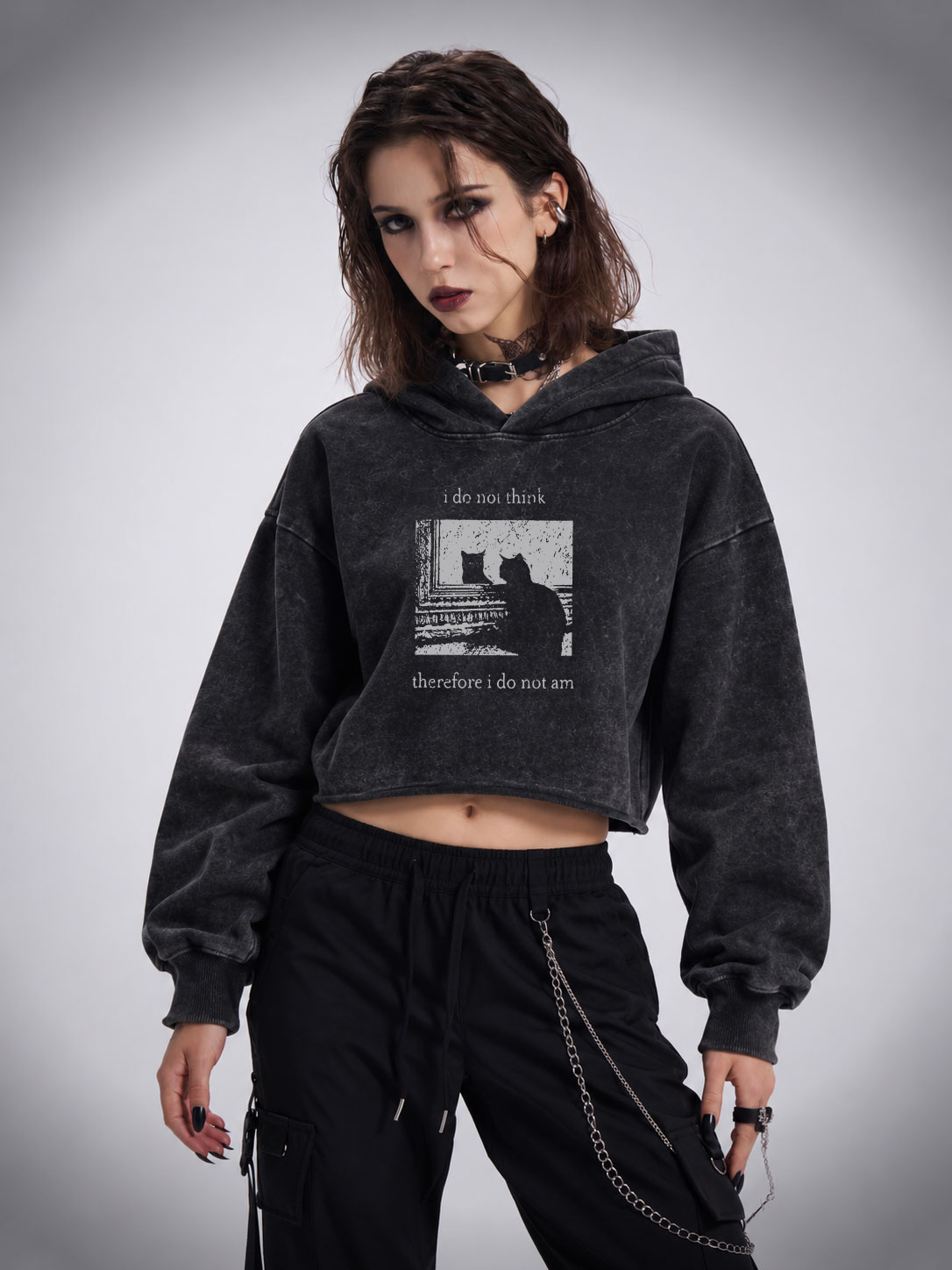 I Do Not Think Therefore I Do Not Am Washed Cropped Hoodie