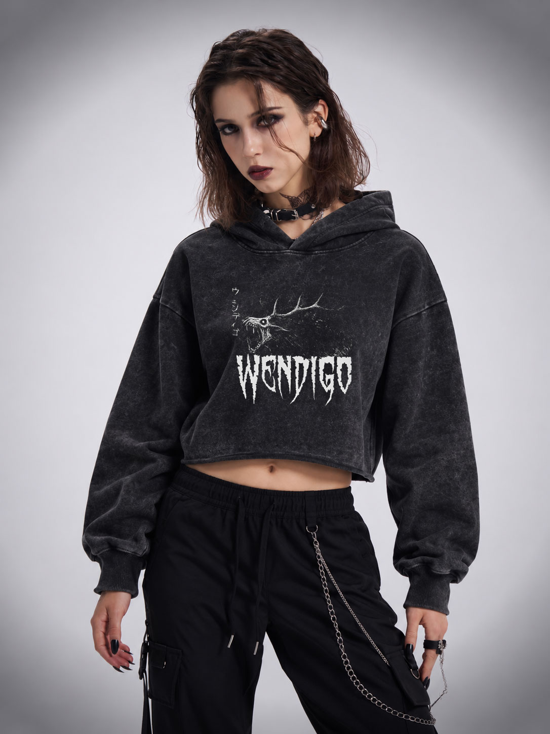 Wendigo Scary Monster Washed Cropped Hoodie