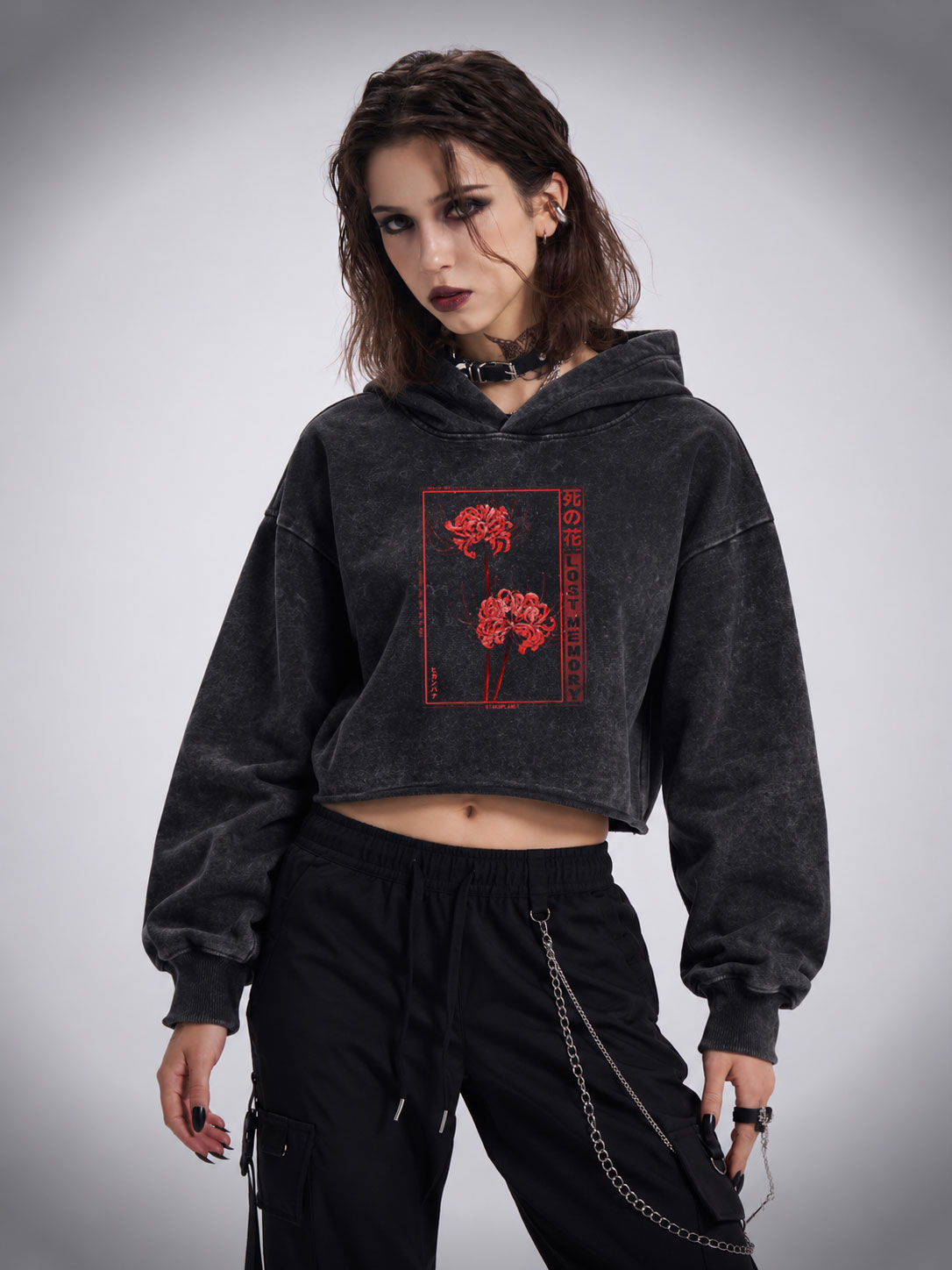 Red Spider Lily Washed Cropped Hoodie