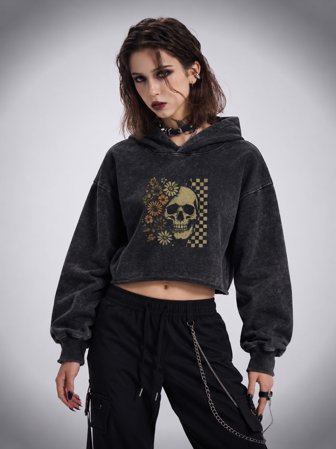 Vintage Skull Washed Cropped Hoodie
