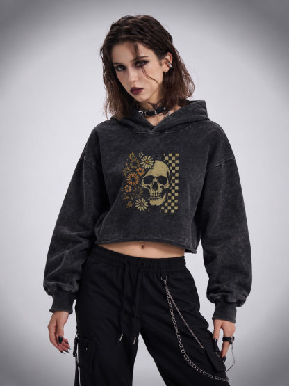 Vintage Skull Washed Cropped Hoodie