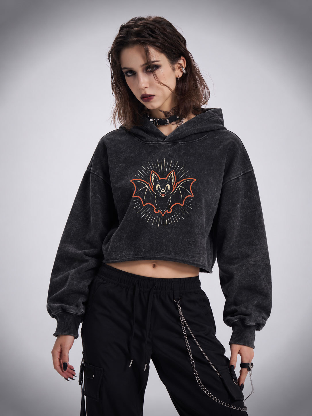 Vintage Cartoon Spooky Bat Washed Cropped Hoodie