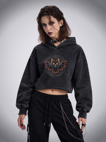 Vintage Cartoon Spooky Bat Washed Cropped Hoodie