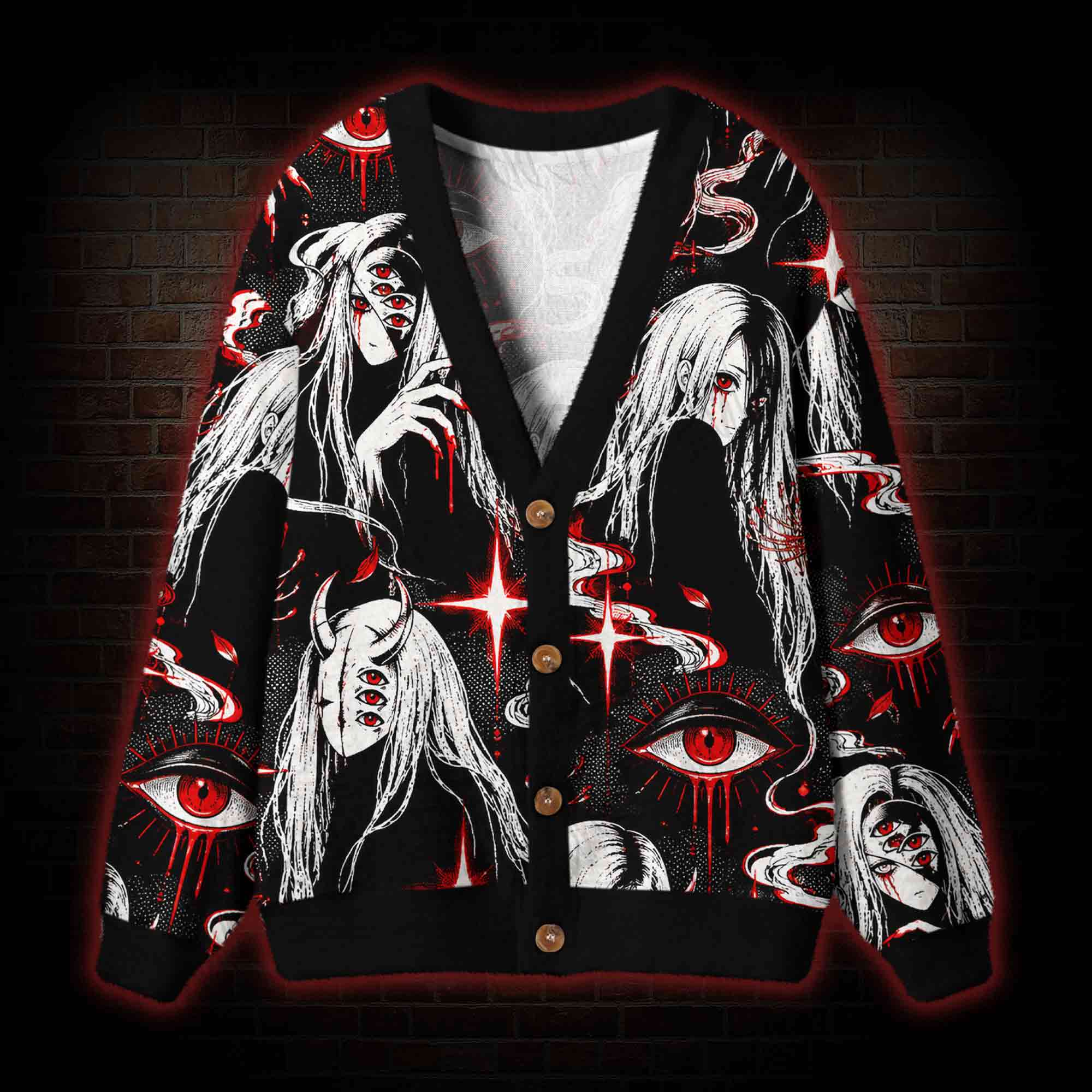 Crimson Illusion Multi Eyed Waifu Cardigan Sweater